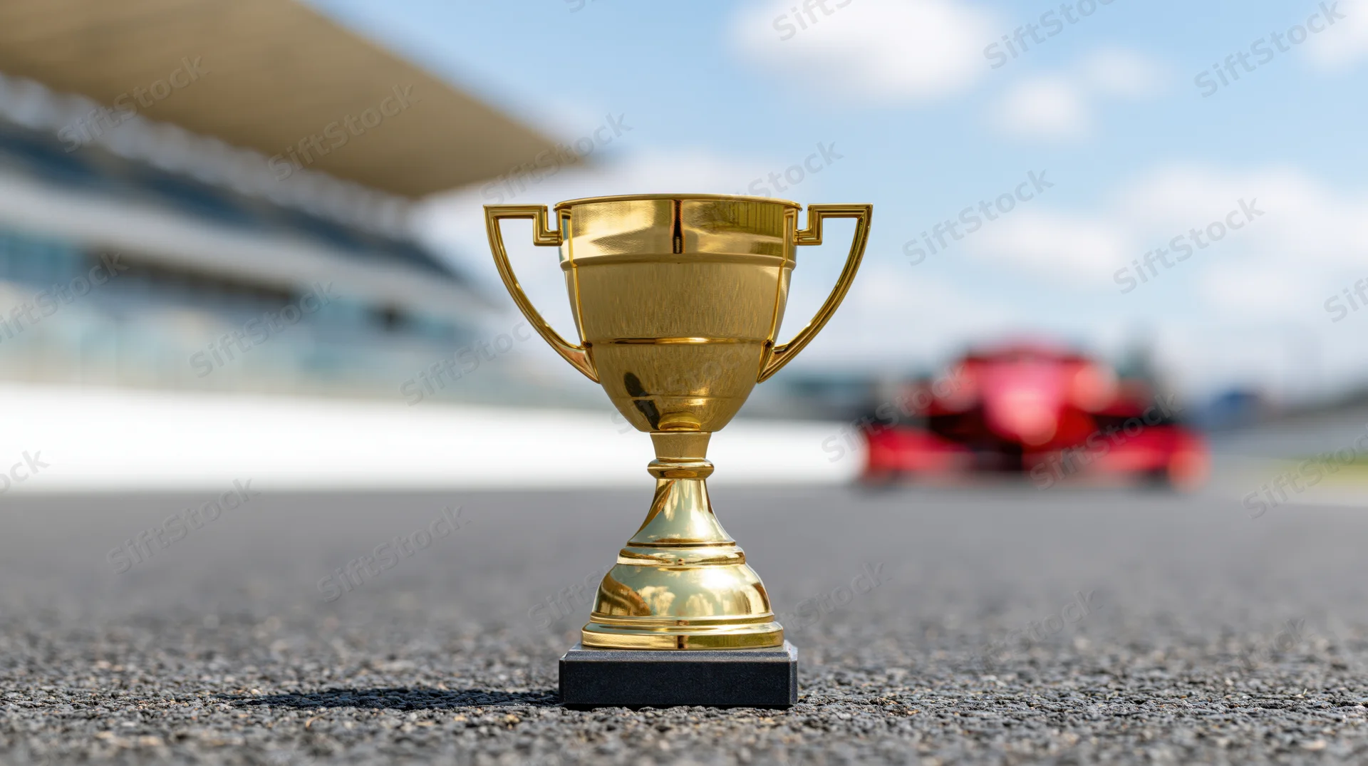 Gold trophy on asphalt at edge of racetrack with blurred red race car in background