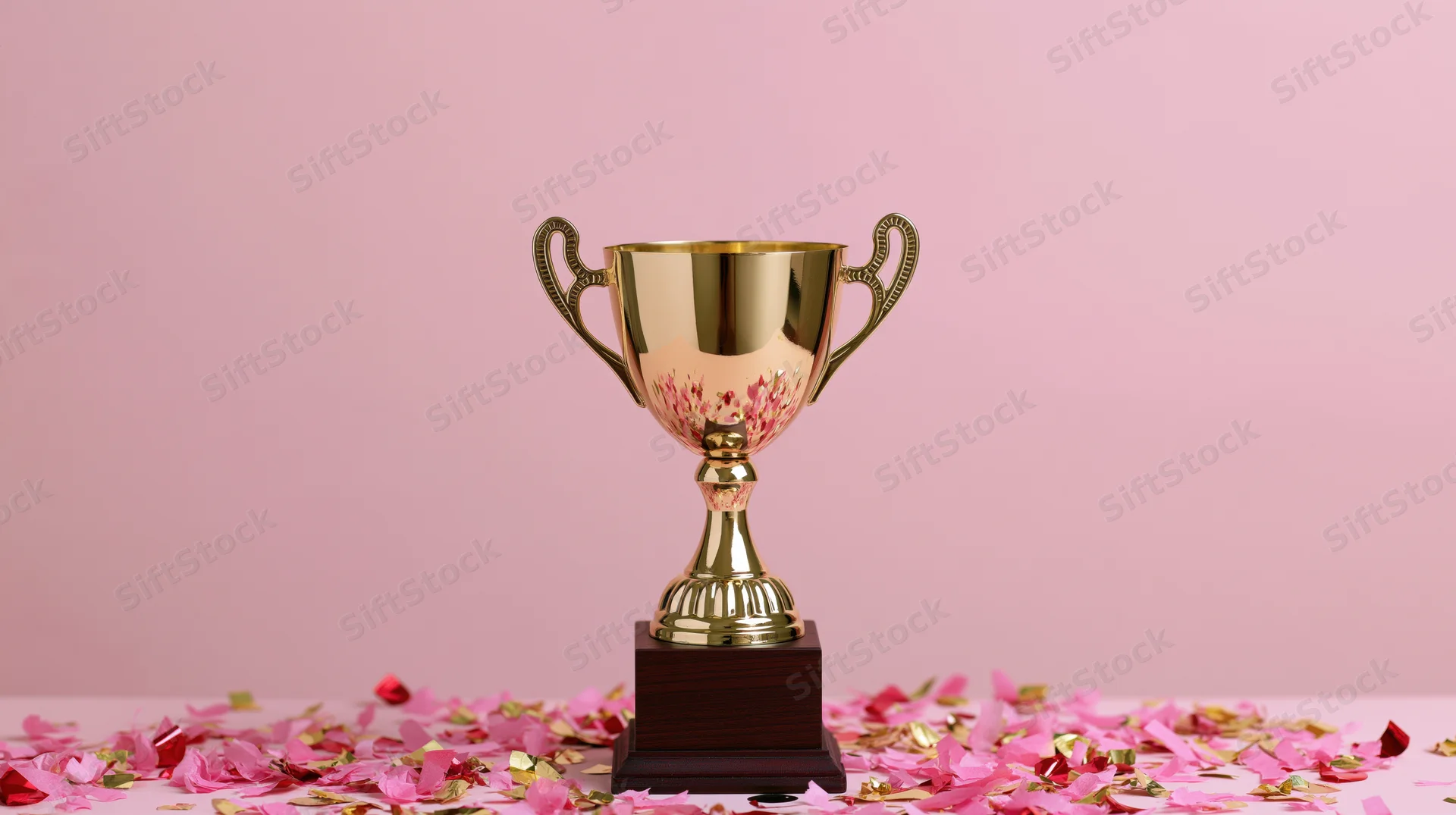 Gold trophy with wooden base surrounded by pink petals on a pink surface