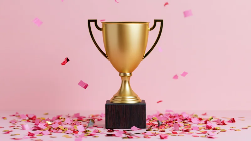 Golden trophy with dark wooden base surrounded by falling pink and gold confetti on a pink surface