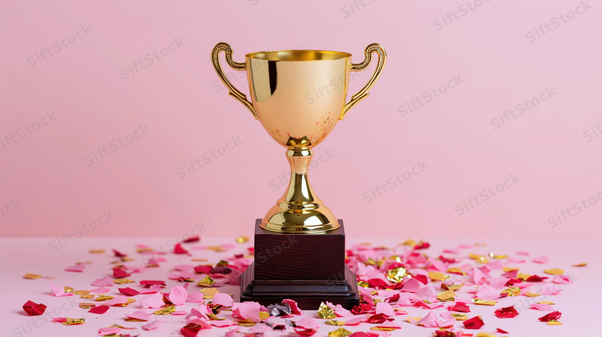 Golden trophy with wooden base surrounded by rose petals and confetti on pink surface