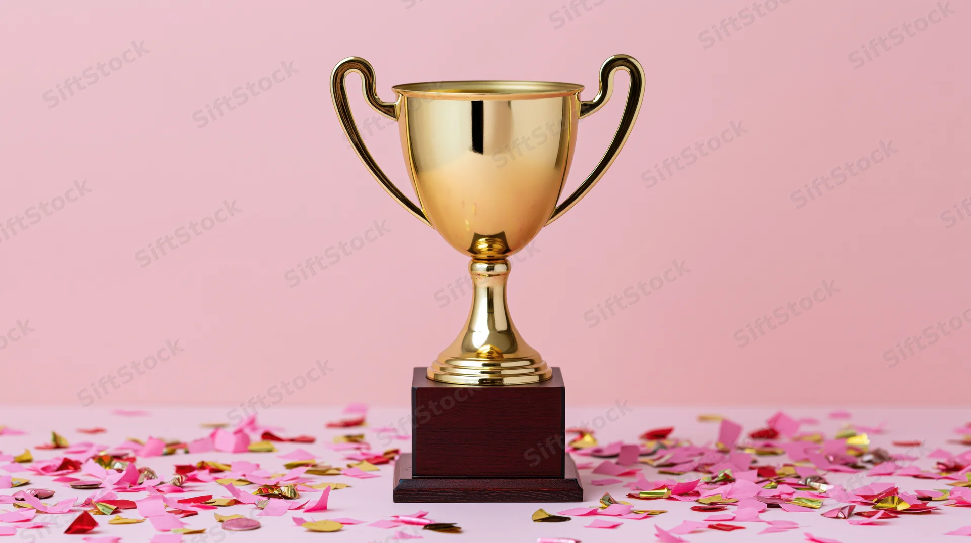 Gold trophy with wooden base surrounded by pink and gold confetti on a pink surface