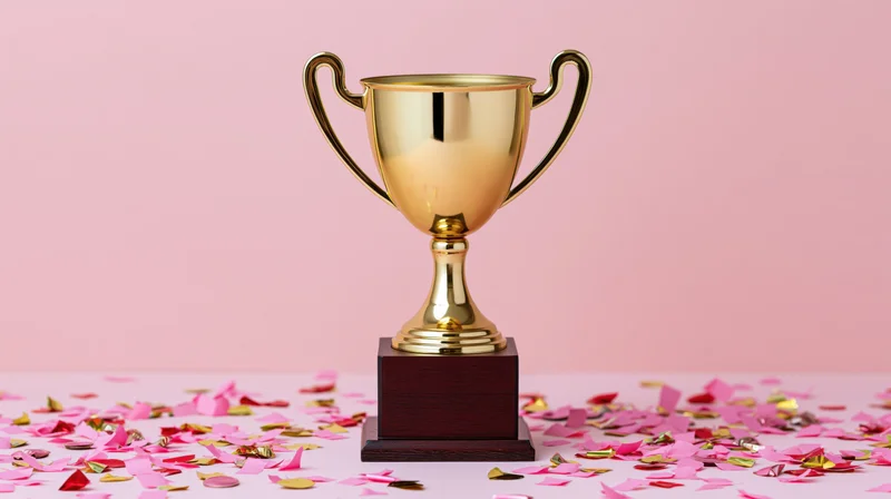 Gold trophy with wooden base surrounded by pink and gold confetti on a pink surface