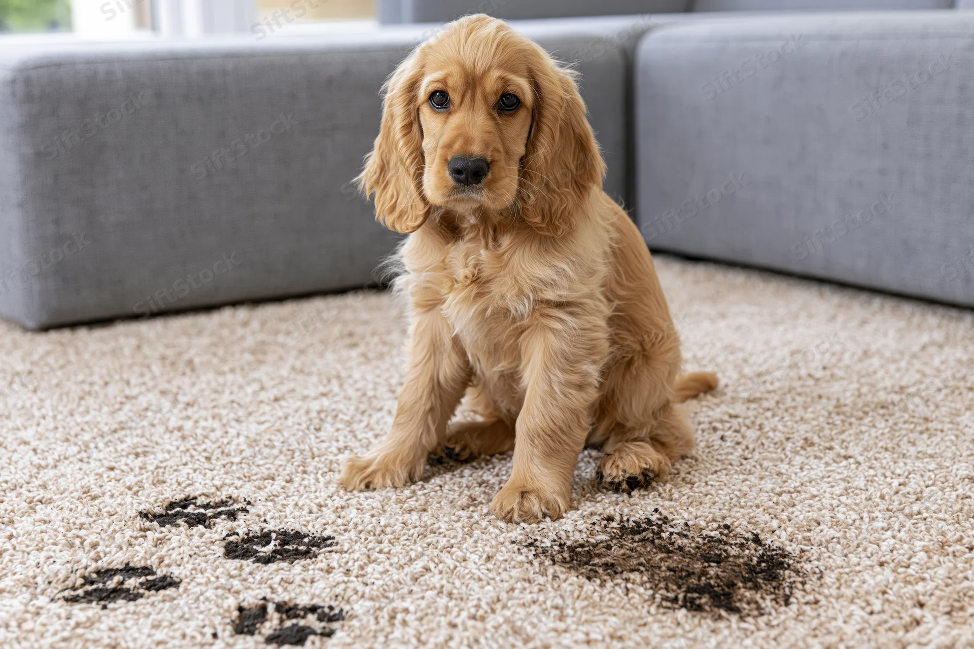 Golden cocker spaniel puppy sitting on cream carpet with muddy pawprints near gray sofa