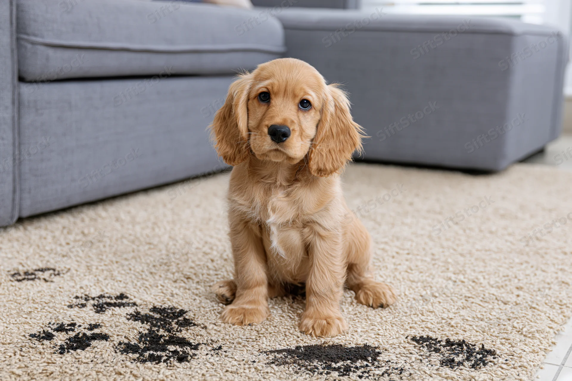Golden cocker spaniel puppy sitting on cream carpet with paw prints near gray sofa