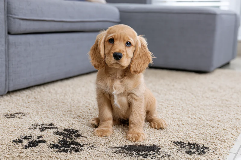 Golden cocker spaniel puppy sitting on cream carpet with paw prints near gray sofa