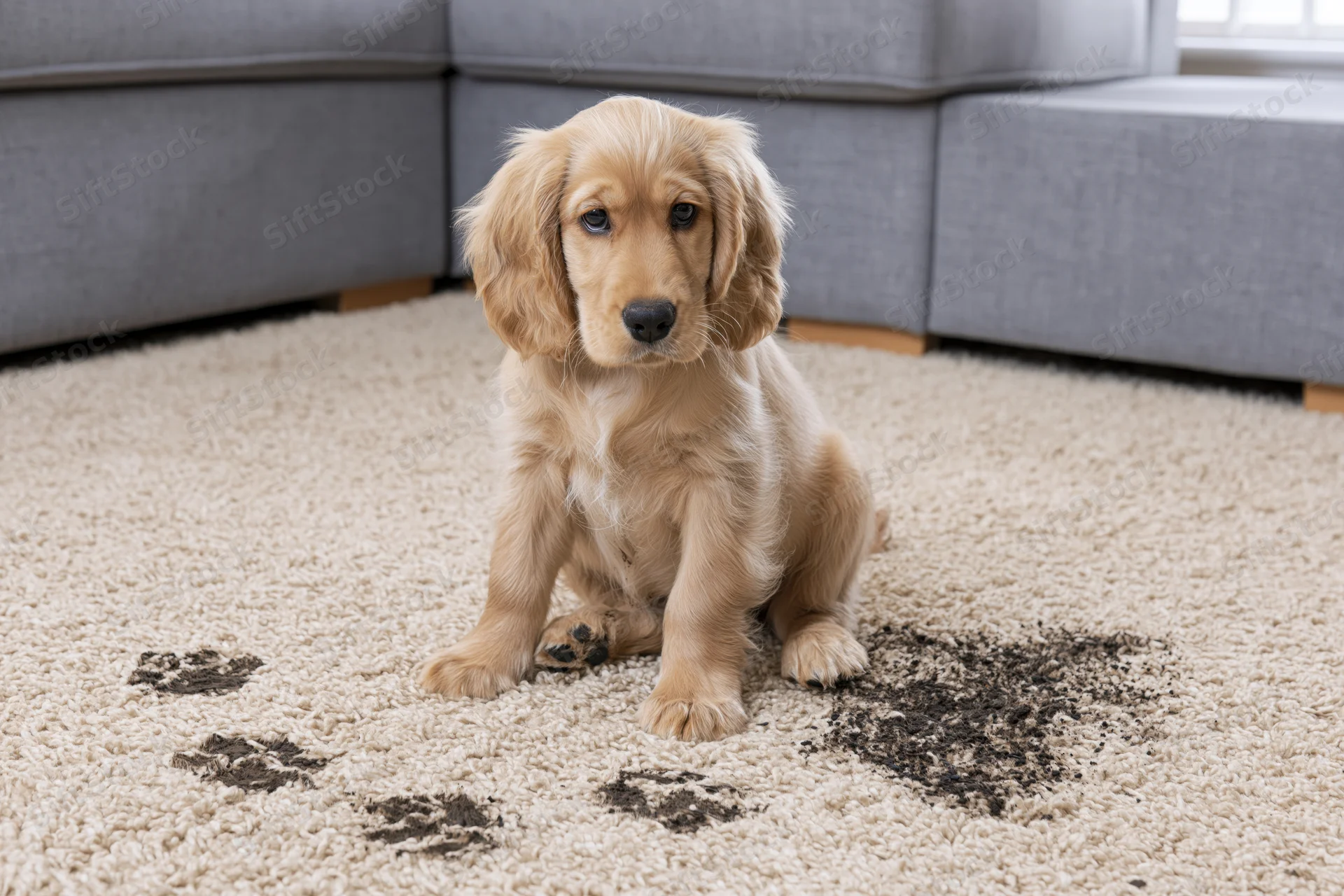 Golden cocker spaniel puppy sitting on cream carpet with muddy paw prints near gray sofa