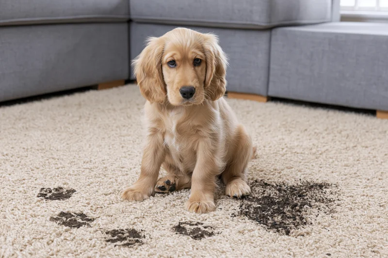 Golden cocker spaniel puppy sitting on cream carpet with muddy paw prints near gray sofa