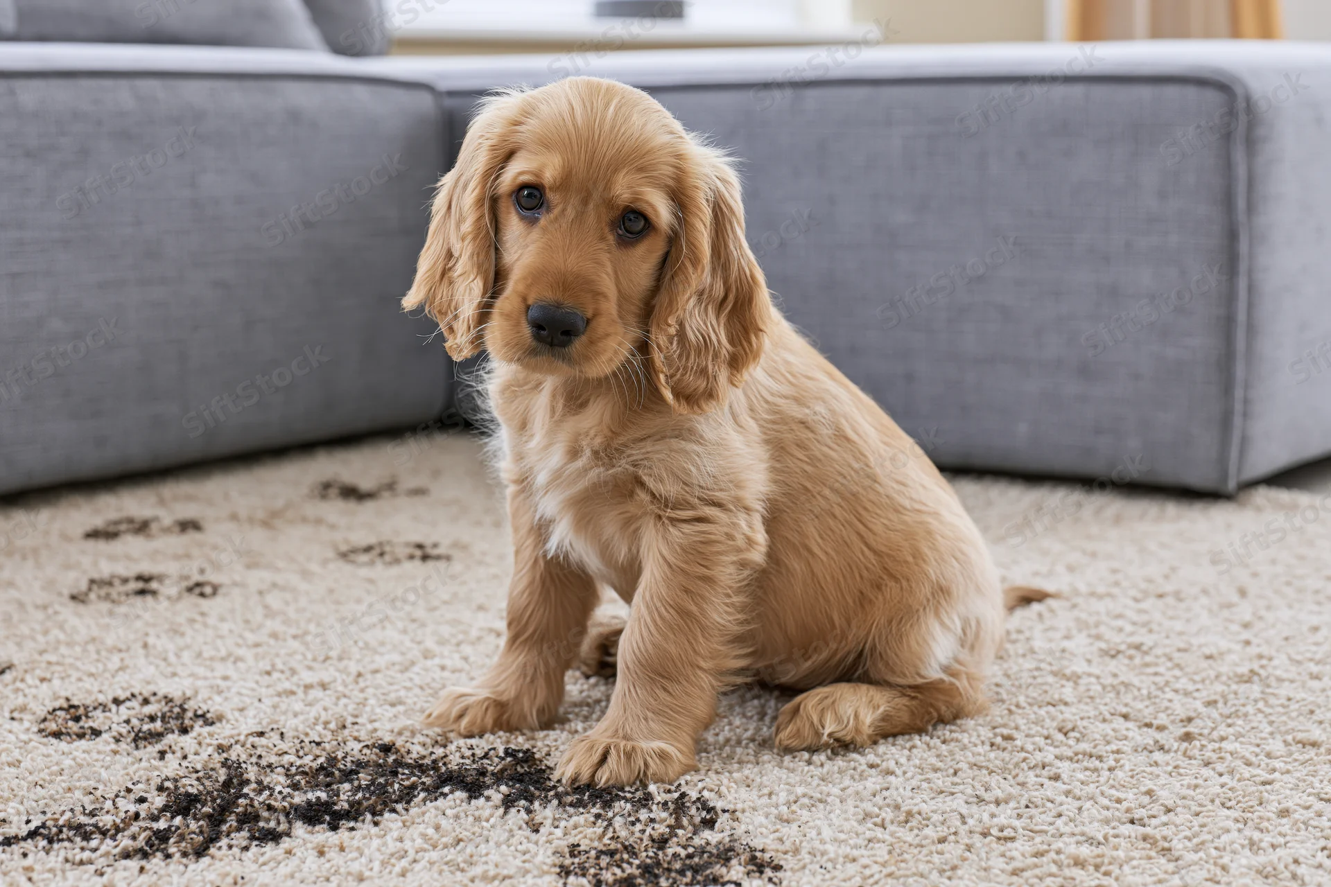 Golden cocker spaniel puppy sitting on cream carpet in living room near gray sofa