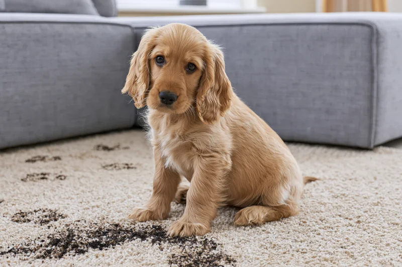 Golden cocker spaniel puppy sitting on cream carpet in living room near gray sofa