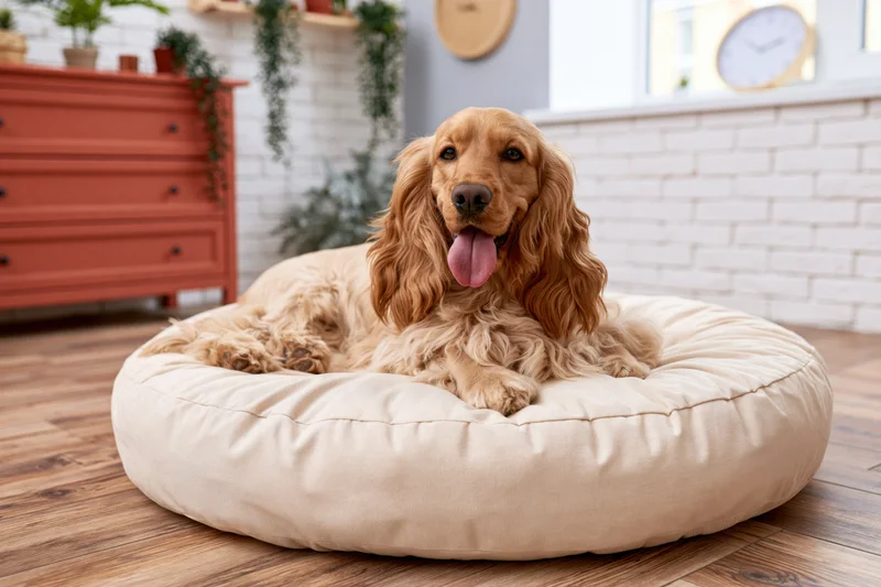 Golden cocker spaniel resting on round cream pet bed with tongue out in home interior
