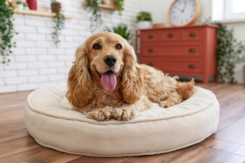 Golden cocker spaniel resting on round cream pet bed with tongue out in cozy home interior