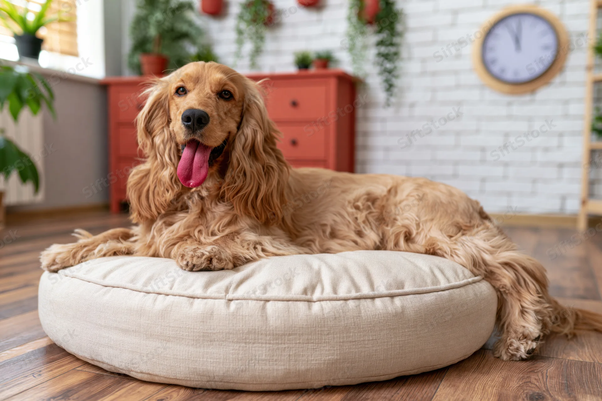 Golden cocker spaniel resting on round cream pet bed with tongue out in cozy home living room