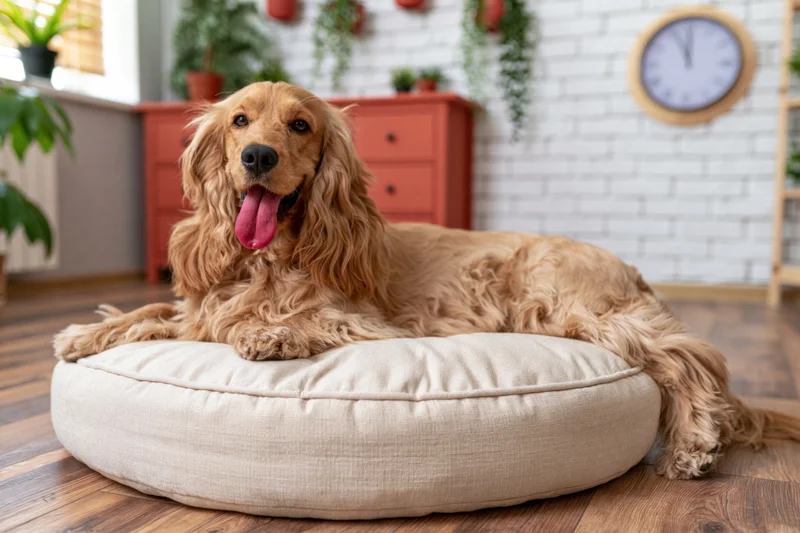 Golden cocker spaniel resting on round cream pet bed with tongue out in cozy home living room