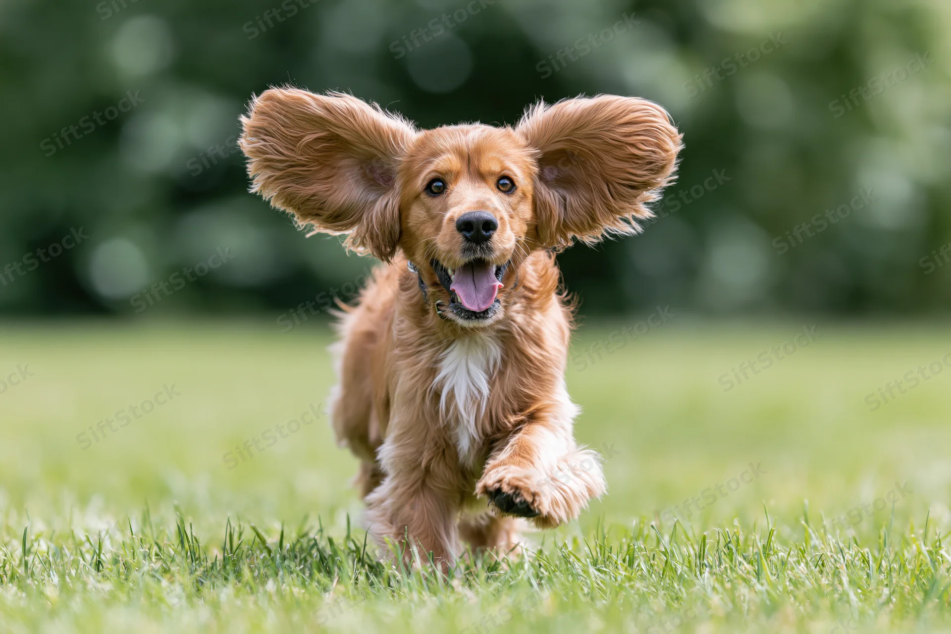 Golden cocker spaniel puppy running toward camera on grassy field
