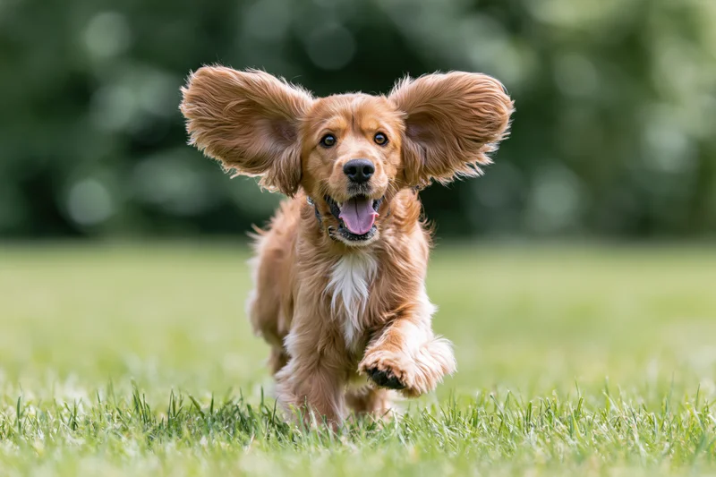 Golden cocker spaniel puppy running toward camera on grassy field