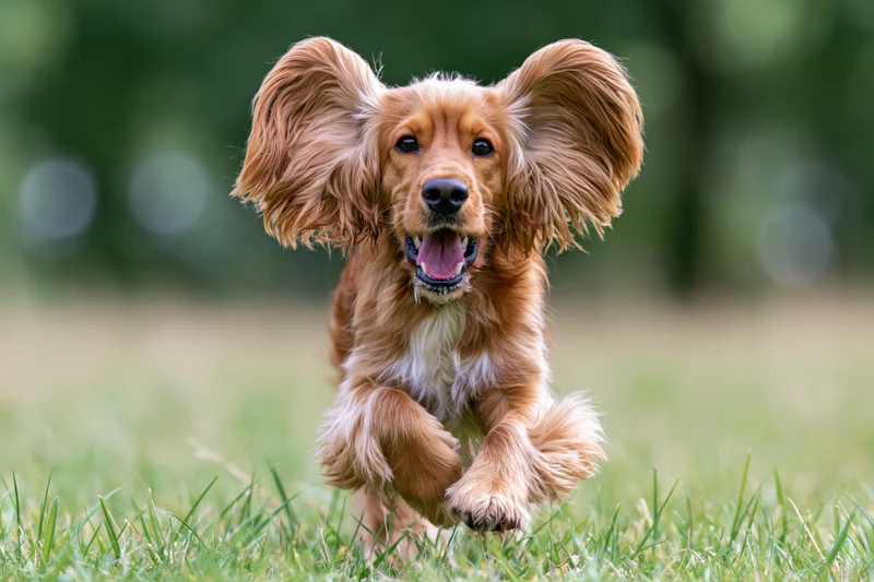 Golden cocker spaniel running full speed toward camera on grassy field