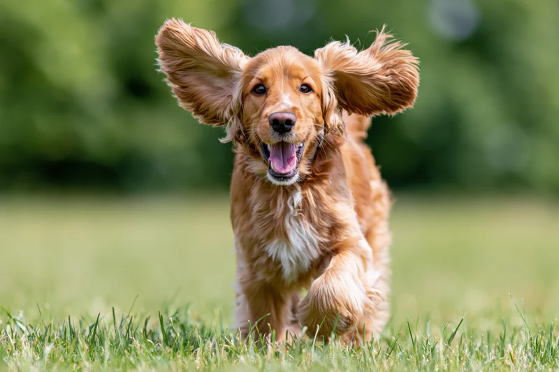 Golden cocker spaniel puppy running toward camera on green grass in a park