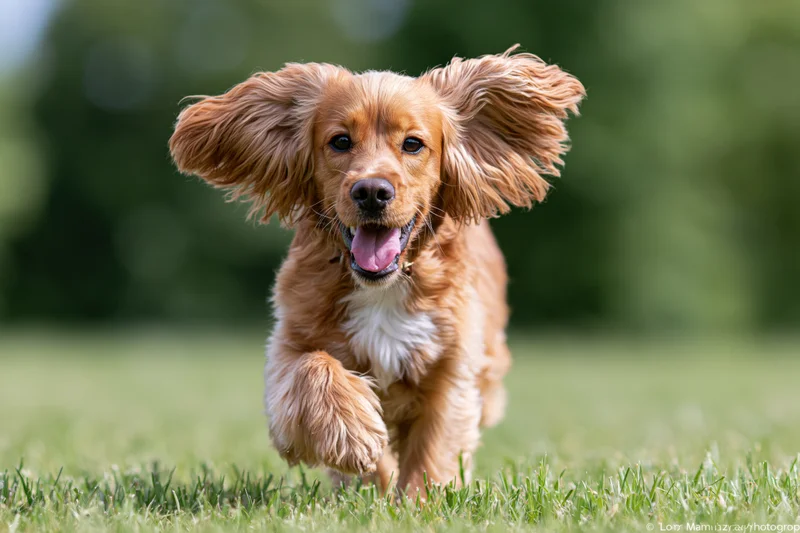 Golden cocker spaniel puppy running toward camera on grassy field