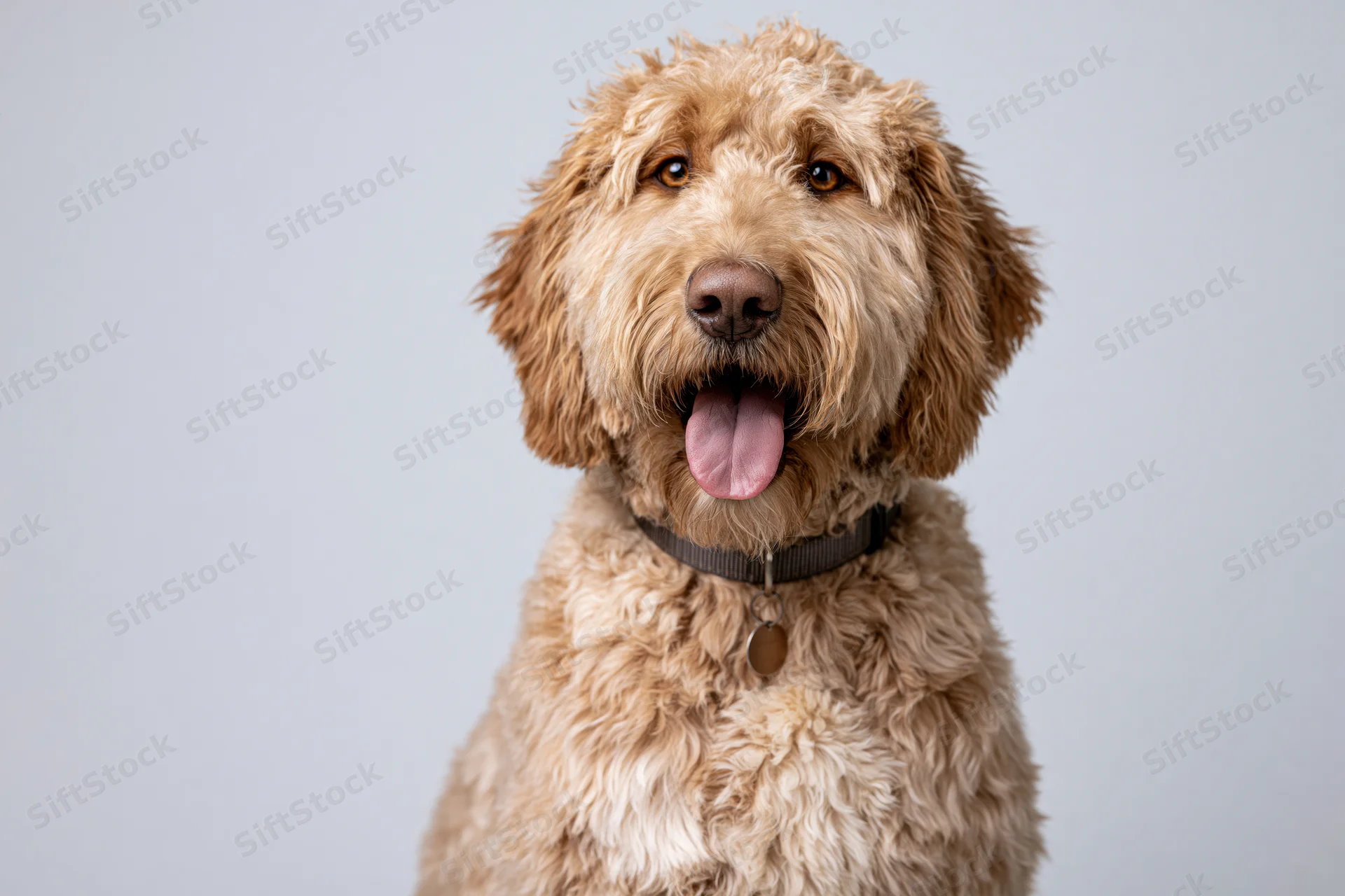Golden labradoodle sitting upright facing camera with tongue out wearing collar and tag against light gray background