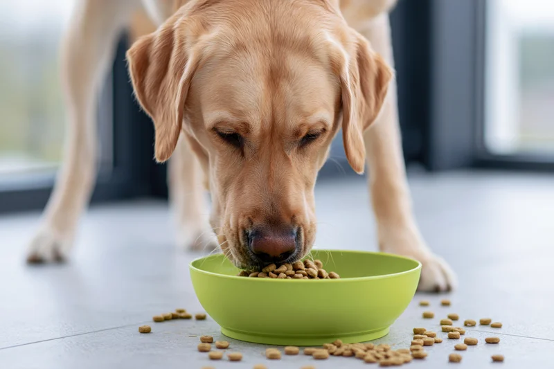 Golden labrador eating dry kibble from a green bowl on tiled floor