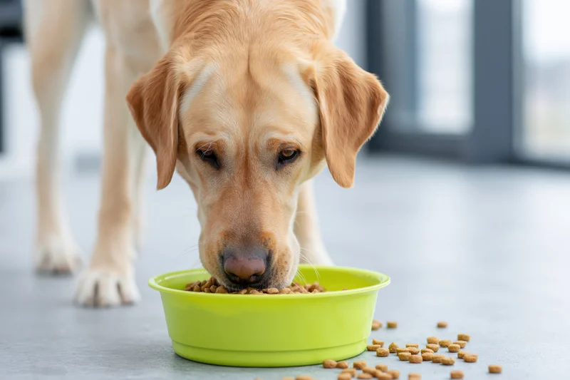 Golden labrador eating dry kibble from a bright green bowl on a tiled floor indoors
