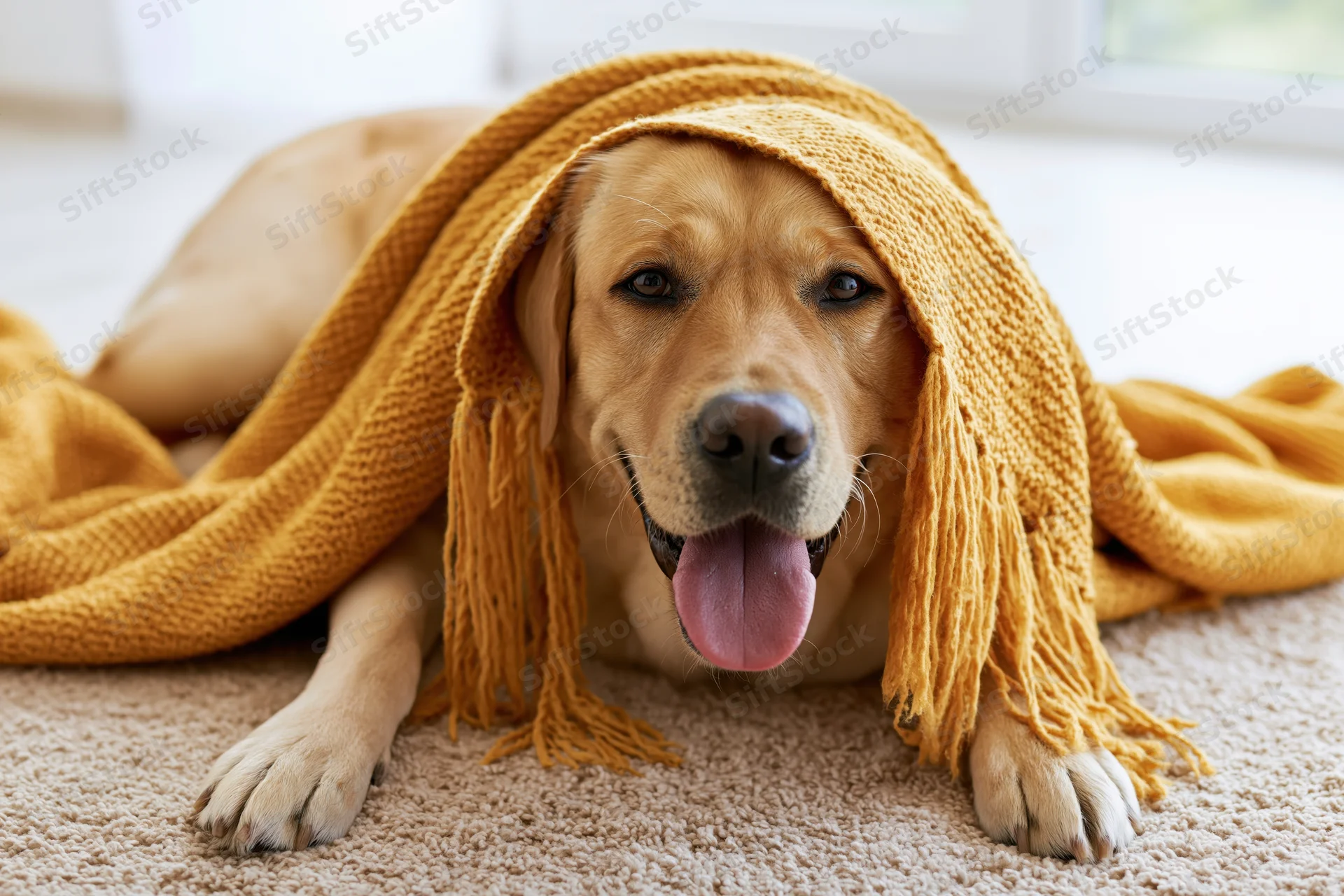 Golden labrador lying on beige carpet under mustard yellow knitted blanket, tongue out, relaxed