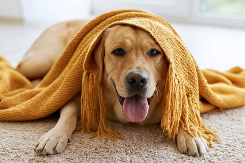 Golden labrador lying on beige carpet under mustard yellow knitted blanket, tongue out, relaxed