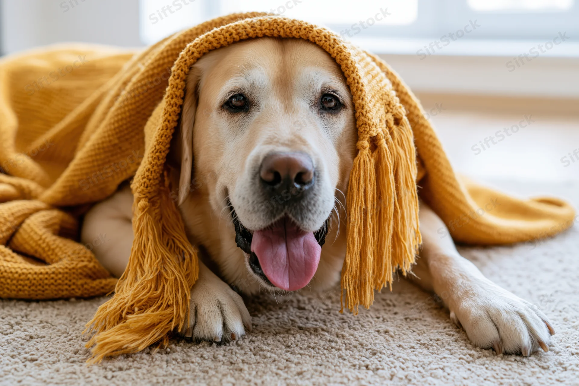 Golden labrador lying on beige carpet wrapped in mustard yellow knitted blanket with fringes, tongue out, relaxed expression
