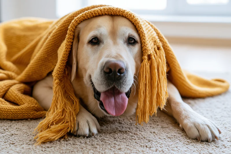 Golden labrador lying on beige carpet wrapped in mustard yellow knitted blanket with fringes, tongue out, relaxed expression