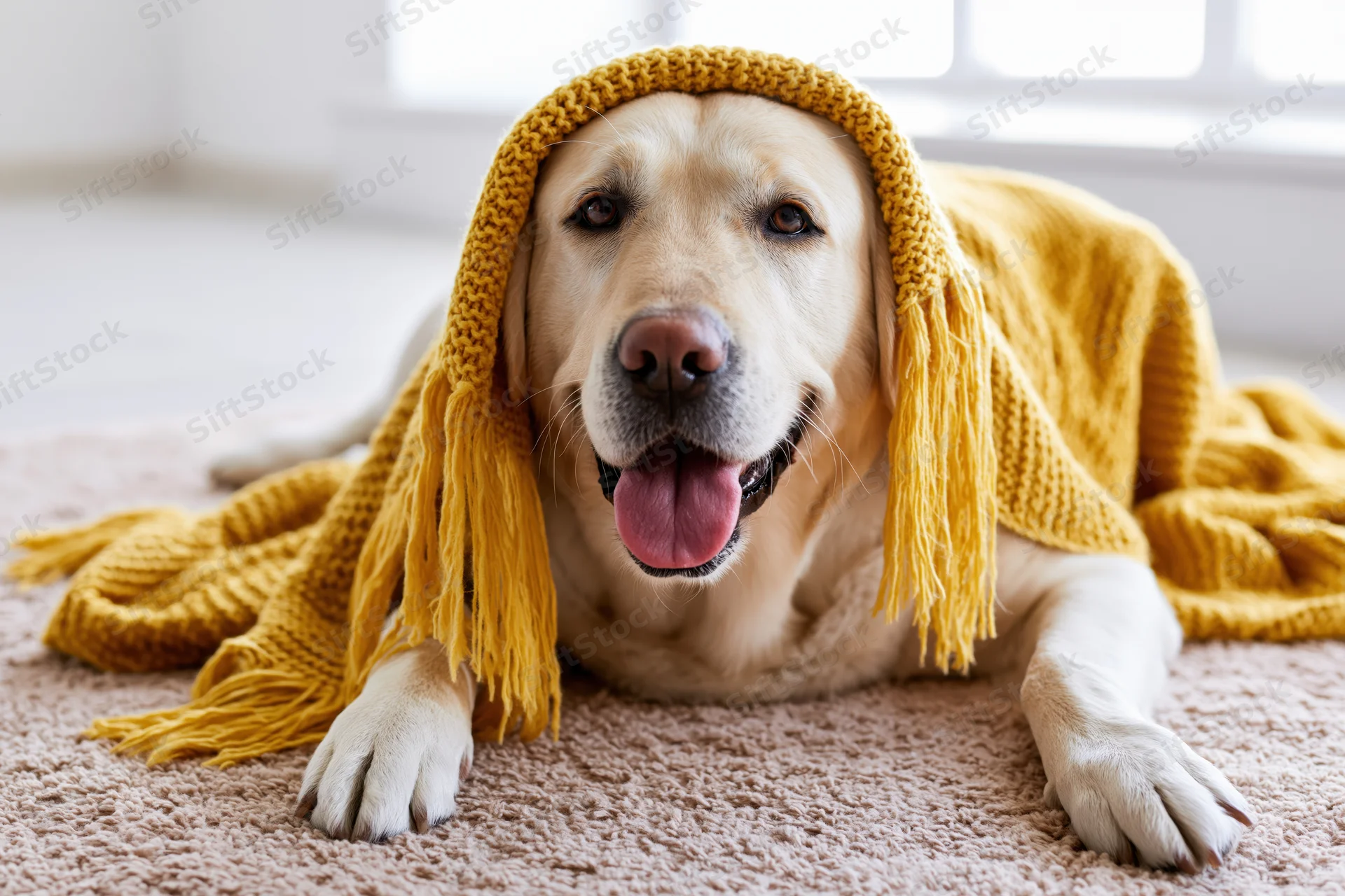 Golden labrador lying on beige carpet wearing mustard yellow knit hooded sweater
