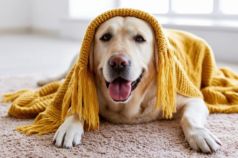 Golden labrador lying on beige carpet wearing mustard yellow knit hooded sweater