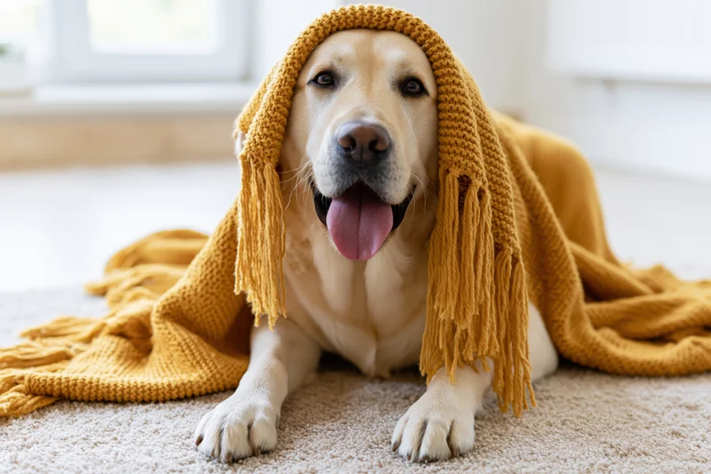 Golden labrador lying on beige carpet wearing mustard yellow knitted hooded scarf