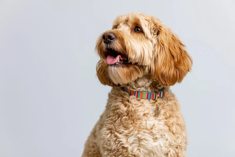 Golden cockapoo sitting upright with mouth open and tongue out, wearing striped collar, against white background
