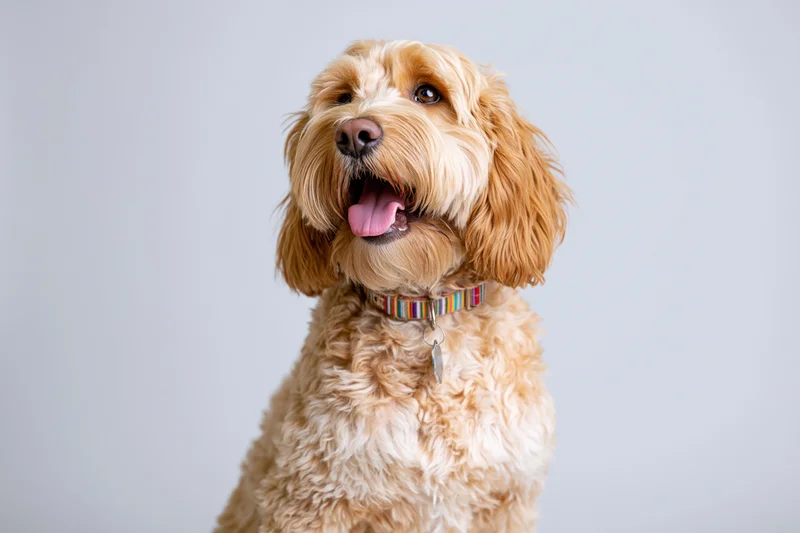 Golden cockapoo sitting upright with mouth open and tongue out against light gray background