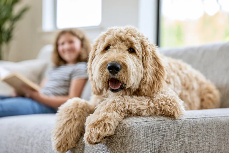 Golden labradoodle lying on light grey sofa with front paws resting on armrest, young girl reading book in background