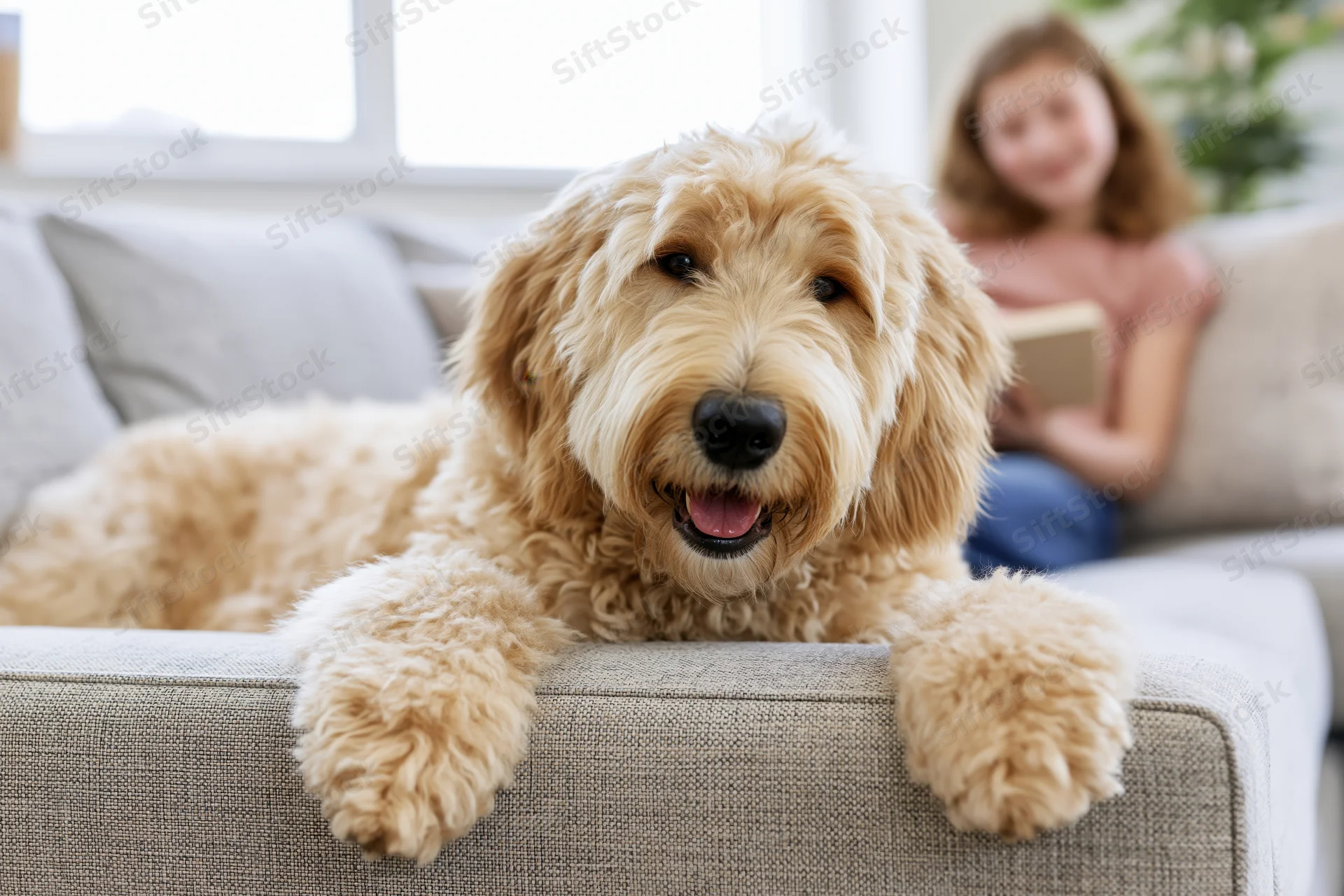 Golden labradoodle lying on light grey sofa with front paws over edge, girl reading in background