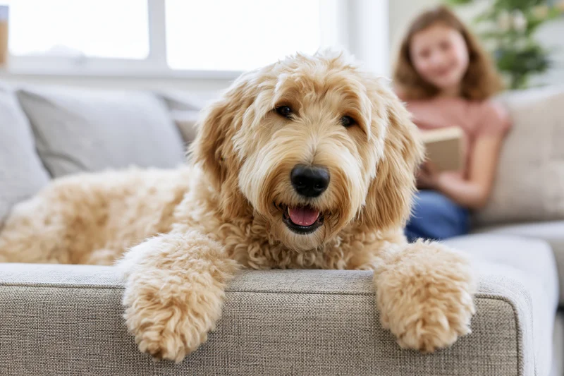 Golden labradoodle lying on light grey sofa with front paws over edge, girl reading in background