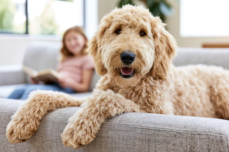 Golden labradoodle lying on light grey sofa with front paws resting on armrest, girl reading book in background