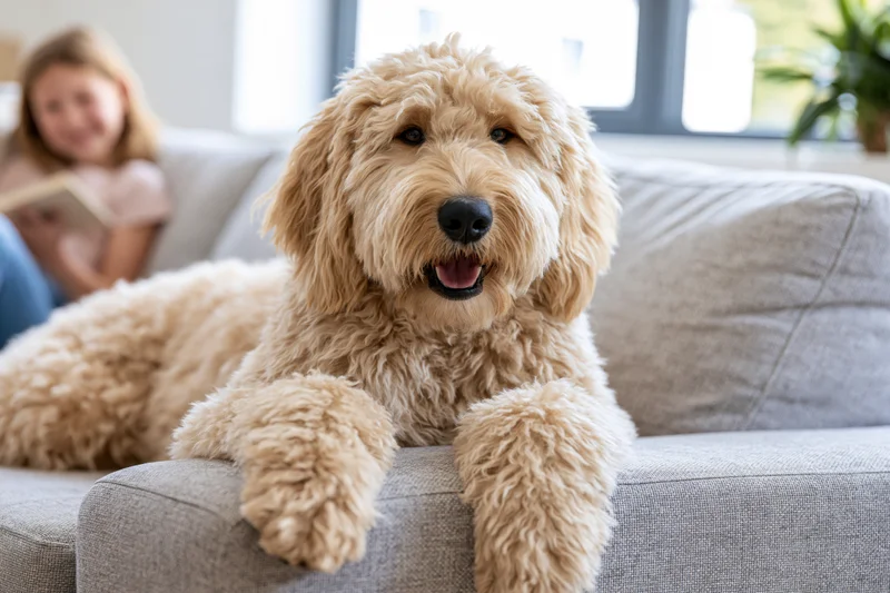 Golden labradoodle lying on light grey sofa with front paws resting on cushion, child reading in background