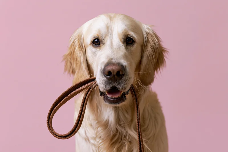 Golden retriever holding a brown nylon leash in its mouth against a pink background