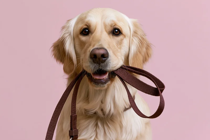 Golden retriever holding a brown nylon leash in its mouth against a pink background