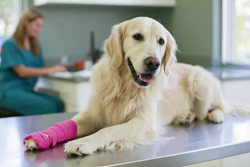 Golden retriever lying calmly on stainless steel veterinary examination table with pink bandage on front paw