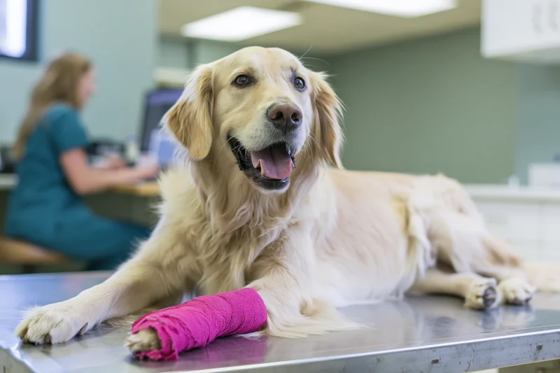 Golden retriever lying on stainless steel veterinary table with pink bandage on paw