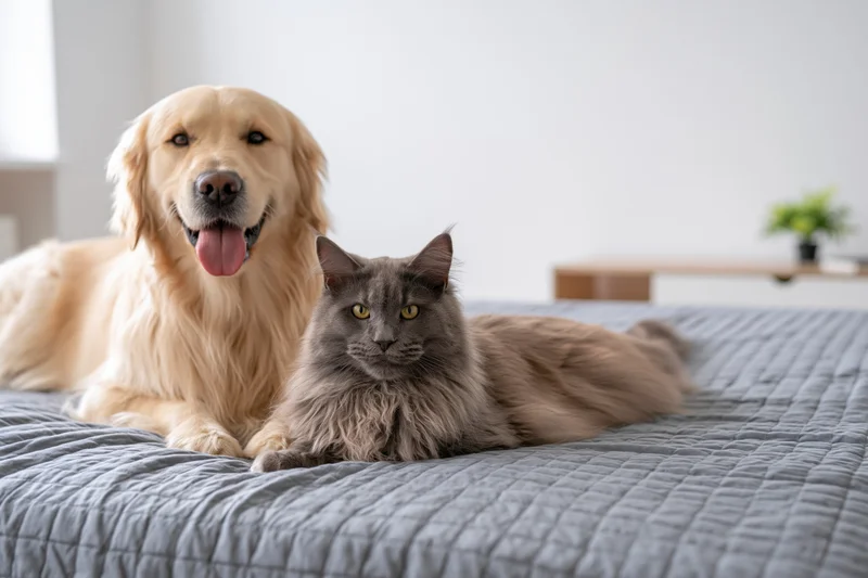 Golden retriever and grey cat lying together on a grey quilted bedspread in a bedroom