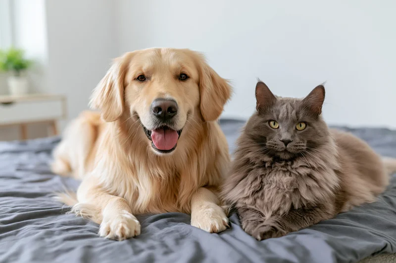 Golden retriever and grey cat lying together on a grey blanket in a bedroom