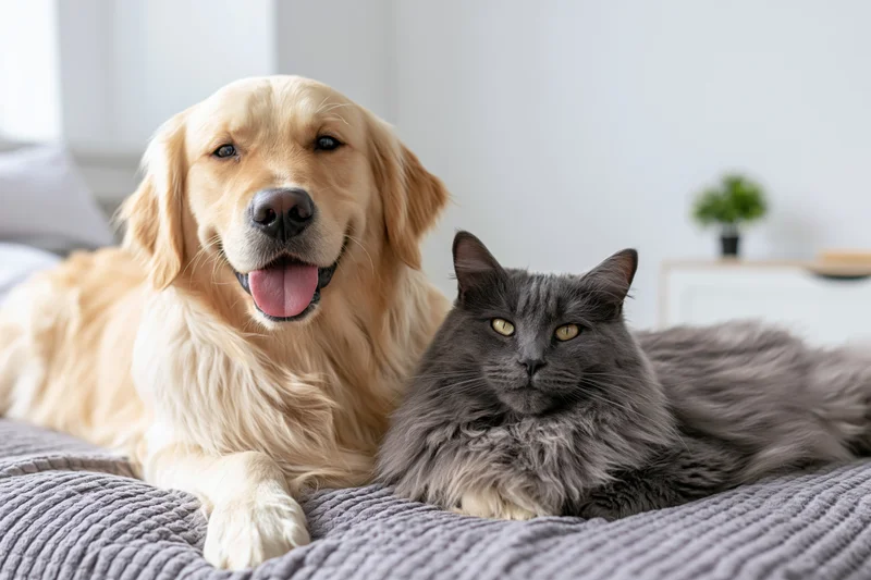 Golden retriever and grey cat lying together on a grey blanket in a bedroom