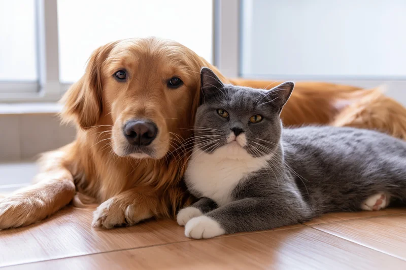 Golden retriever and gray cat lying together on hardwood floor near window