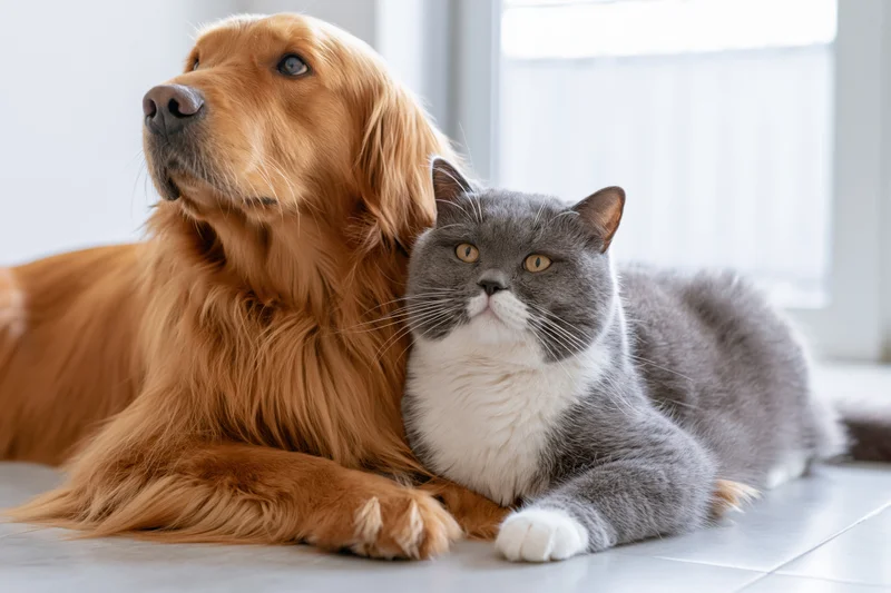 Golden retriever and grey cat lying together on a light grey tiled floor near a window