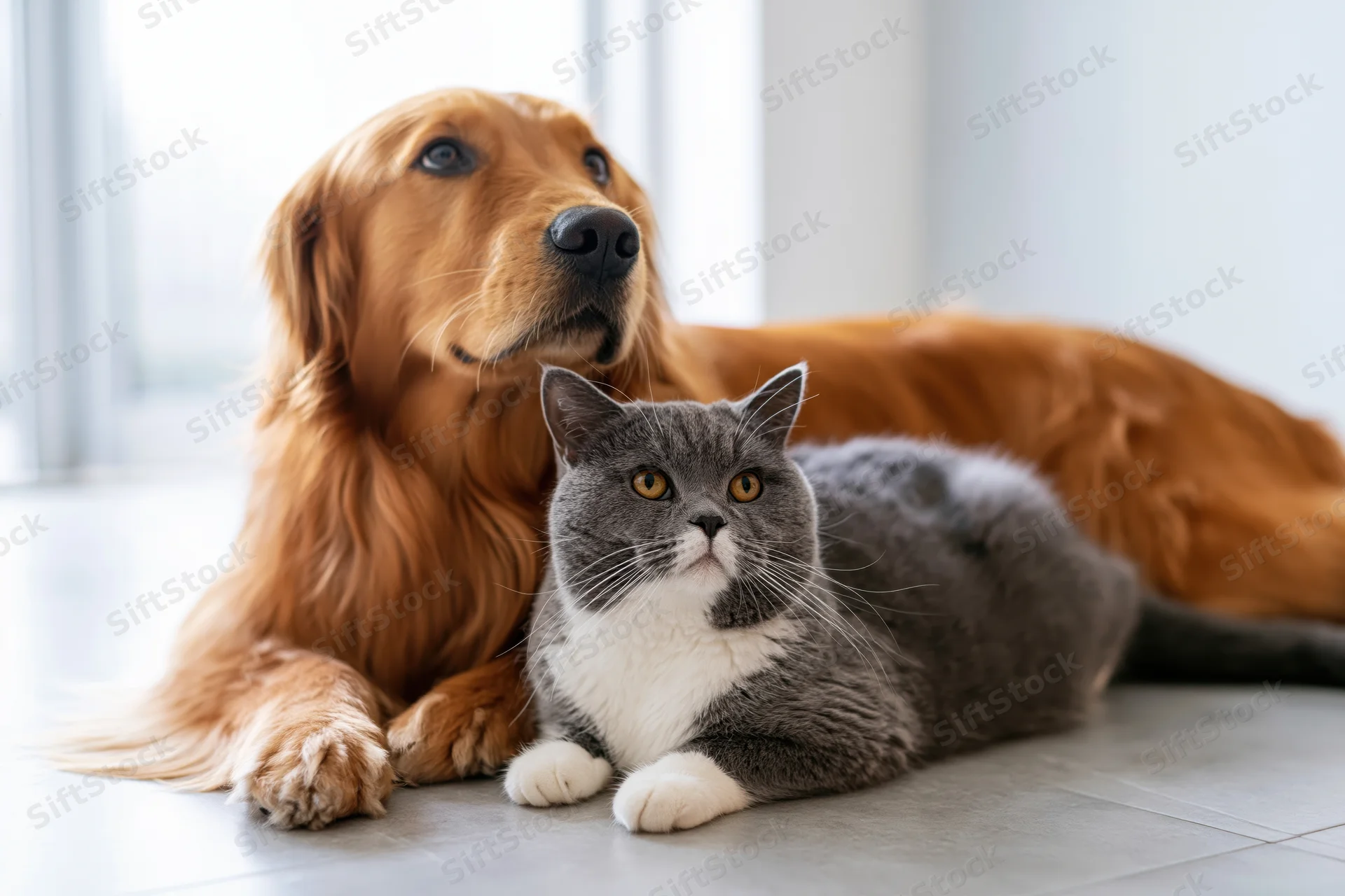Golden retriever and grey cat lying together on light grey tiled floor indoors
