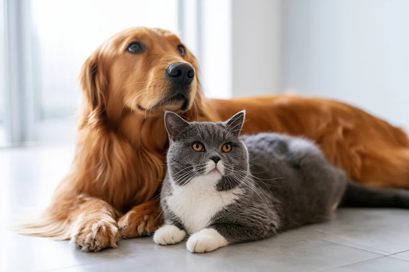 Golden retriever and grey cat lying together on light grey tiled floor indoors
